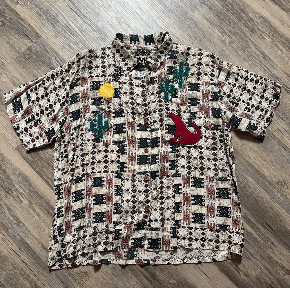 Vtg JouJou Rhythm Button Down Shirt Native American Embroidery Southwest Large